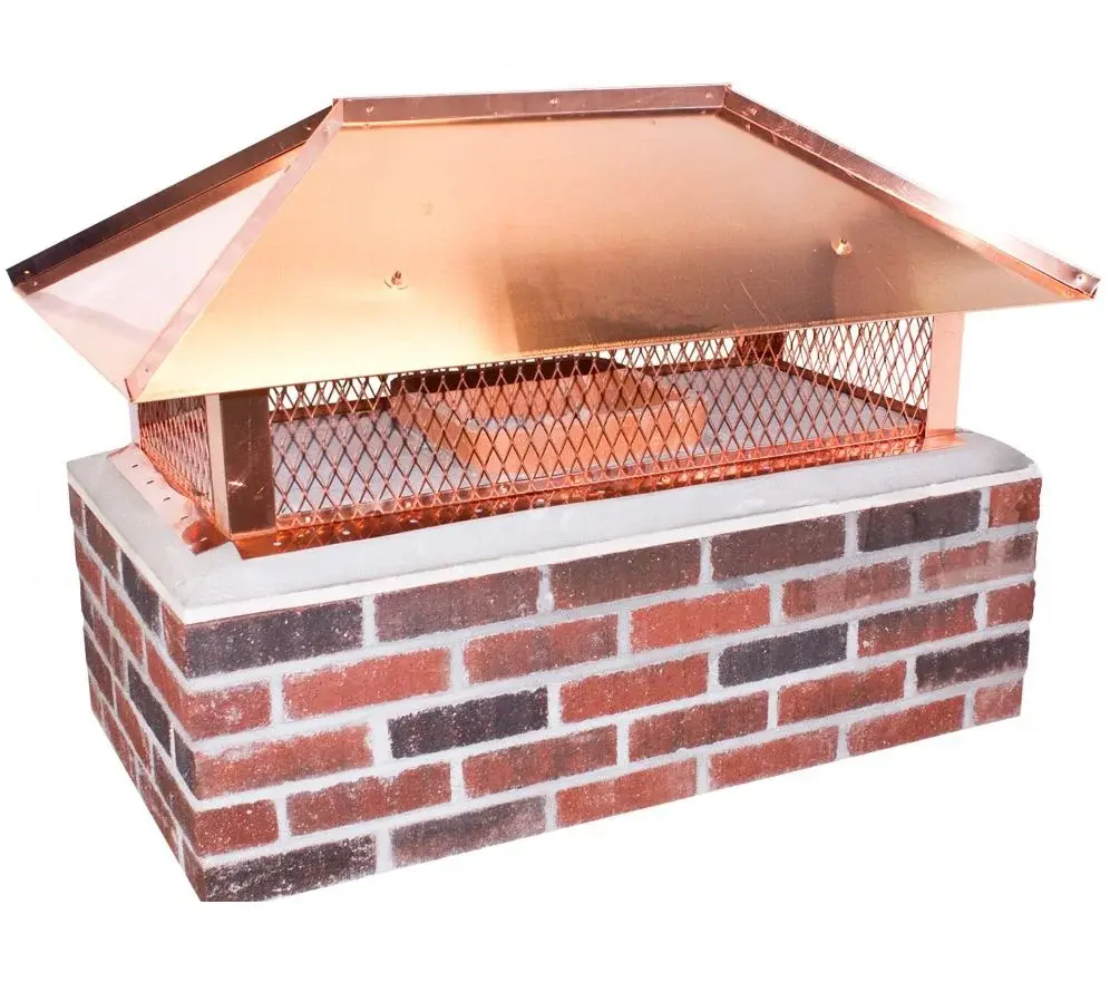 Copper custom top mount chimney cap with hip ridge lid