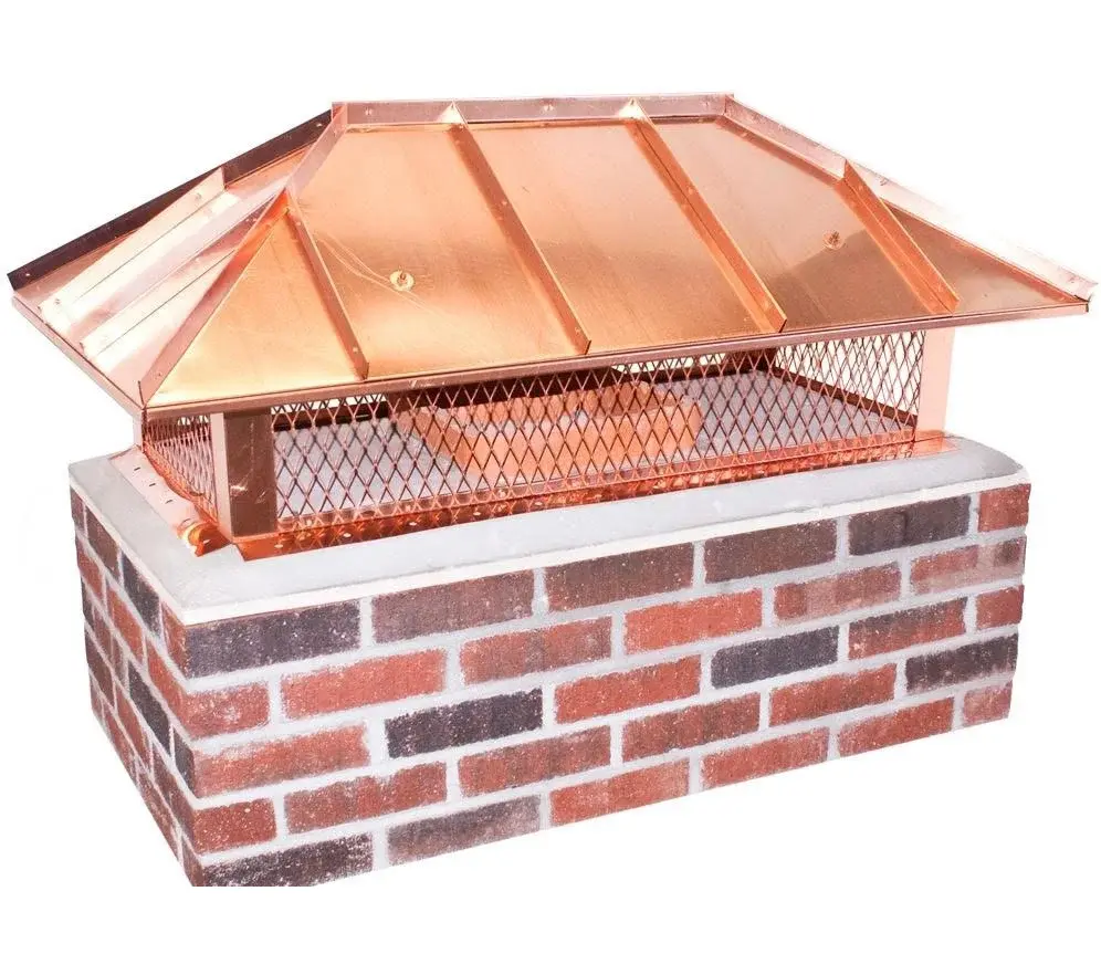 Copper custom top mount chimney cap with hip ridge and standing seams