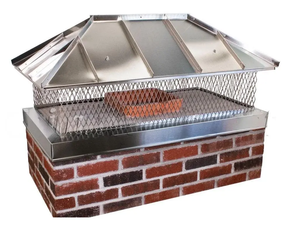 Stainless steel custom outside mount chimney cap with hip ridge and standing seams